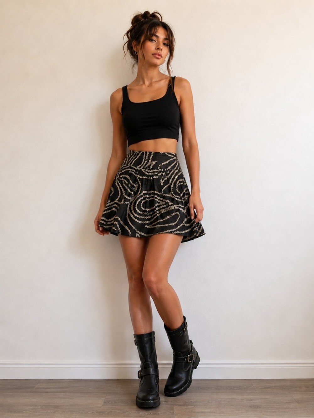 Banana Republic Black Skater Skirt with Cream Swirl Print Sz 2